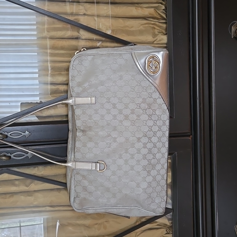 GUCCI Metalic Silver Monogram Handbag with Gold Accents (AUTHENTIC)